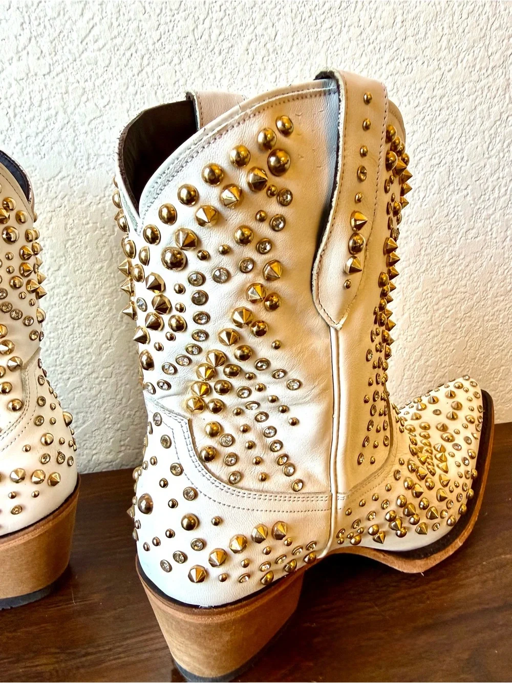 White Studded Lane Boots Dolly Western Ankle Boots with Gold Accents